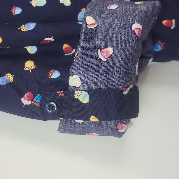 TALBOTS Blue with Multicolored Acorn Print Roll-Tab Sleeves Cotton Blouse - Picture 7 of 14